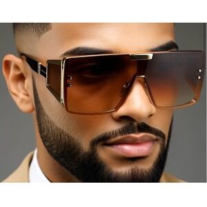 Men Shield Sunglasses Futuristic Visor Gold Frame Brown Fashion Luxury Model New